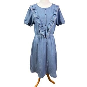 Chambray Denim Dress Womens Size 10 Button Front Ruffle‎ Lace Trim Pockets